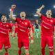 Piłkarze Widzewa: Fran Alvarez, Imad Rondić i Mateusz Żyro cieszą się po wygranym meczu.