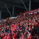 Kibice Widzewa na meczu na stadionie Widzewa